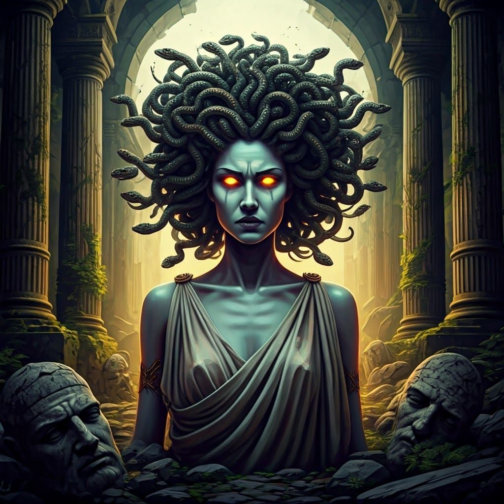 Medusa in Ancient Ruins: Graffiti Art Style