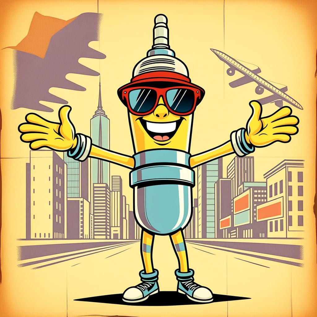 Cartoon spark plug anthropomorphic cheerful. Retro 50s style advertising.