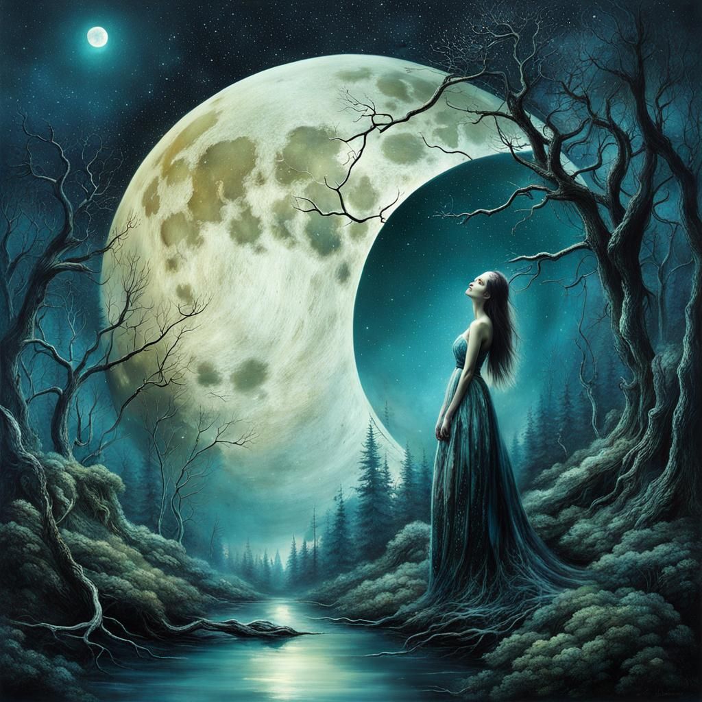 Cosmic Moon Forest Woman in Surreal Style