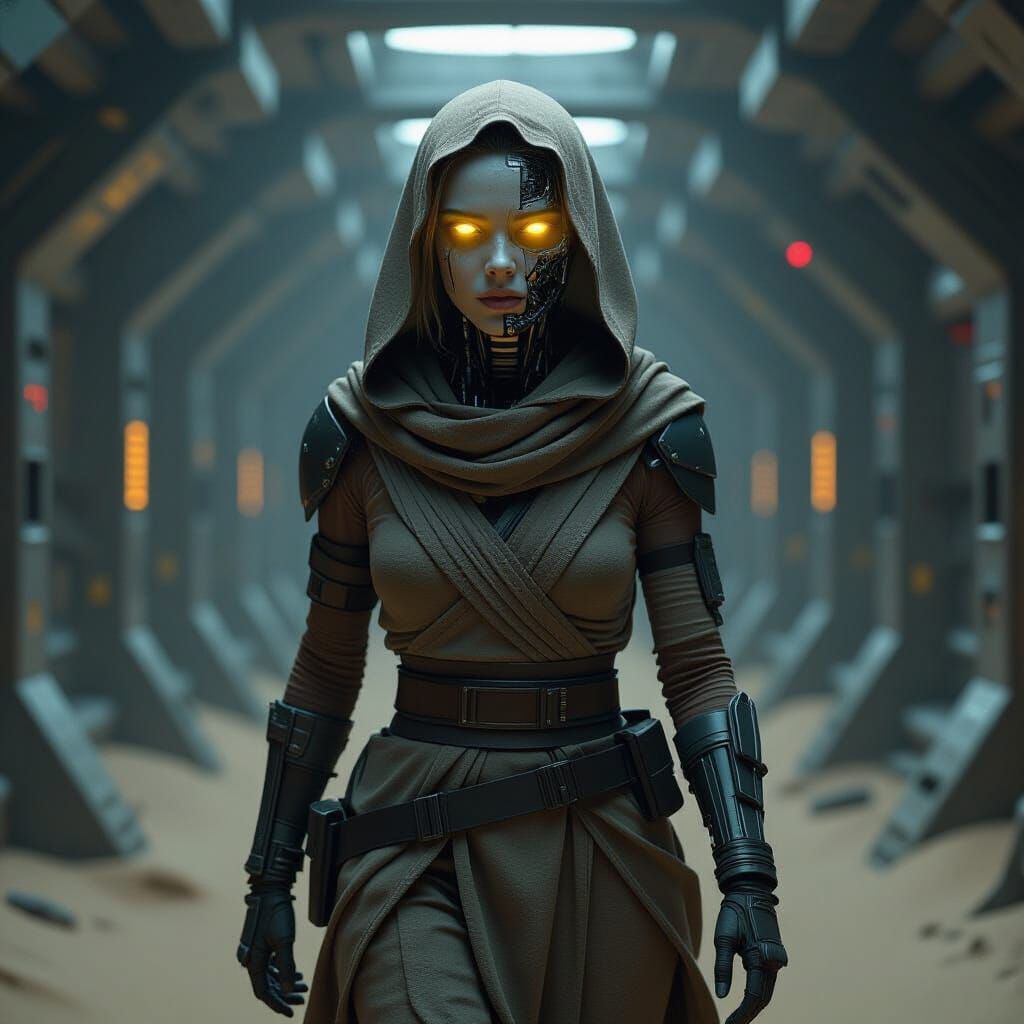 Gynoid Resembling Rey in Sci-Fi Metallic Corridor
