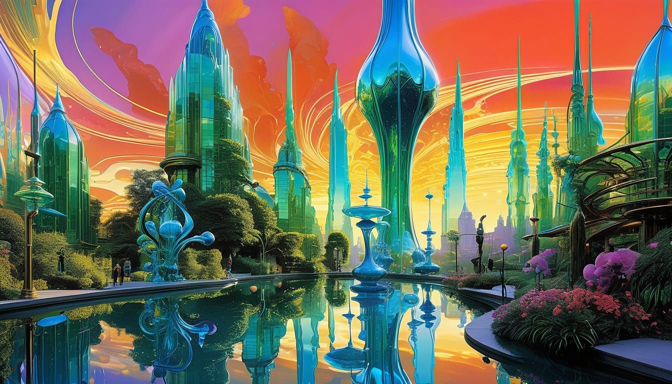 art nouveau world with deco surreal sculptures, beautiful ep...