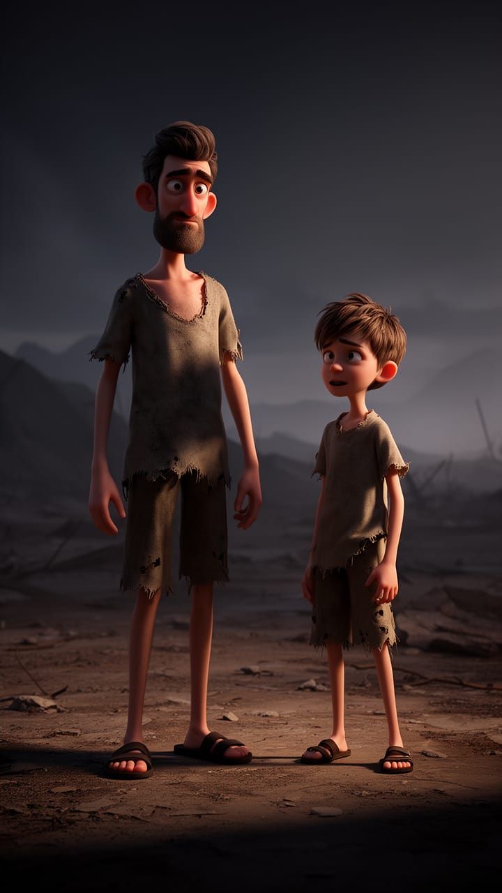 Cartoon Dad and Son in Tattered Cloth in Desolate Landscape