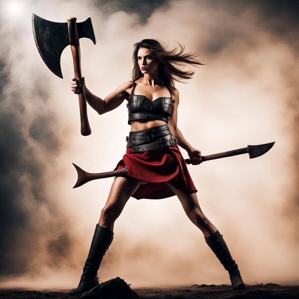 Warrior Woman with Axe in Dramatic Scene