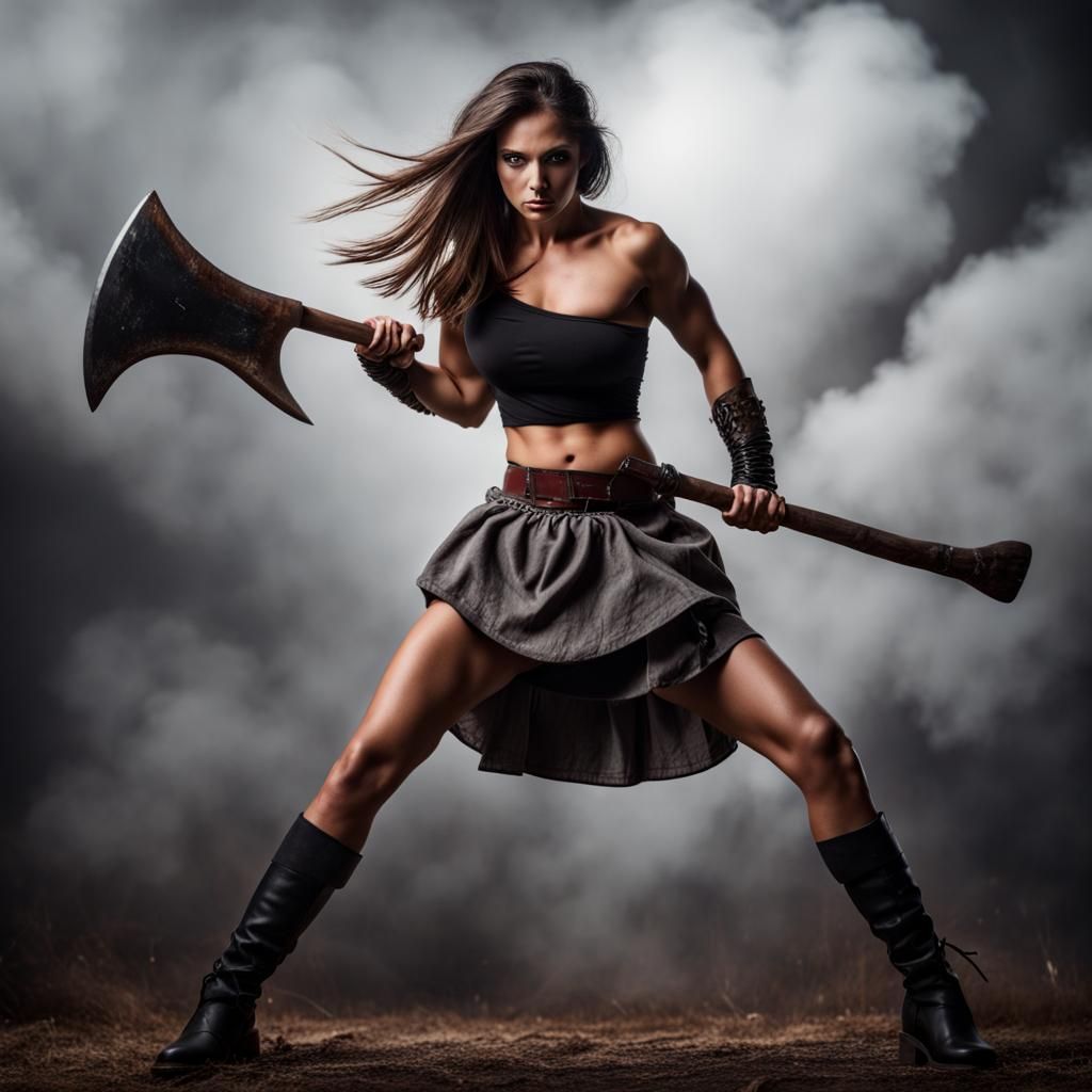 Warrior Woman with Axe in Dramatic Scene