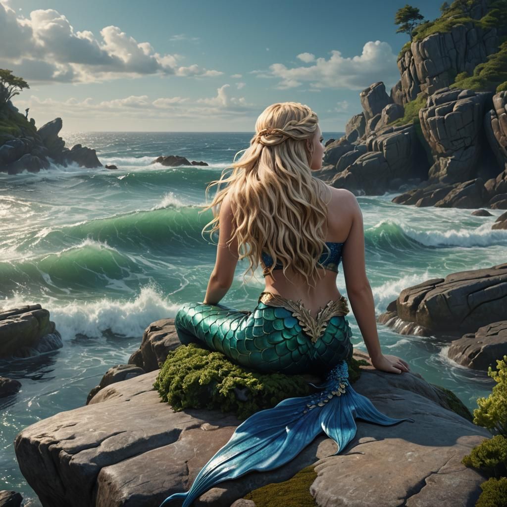 Blonde Mermaid Contemplates the Ocean, Detailed Fantasy Art