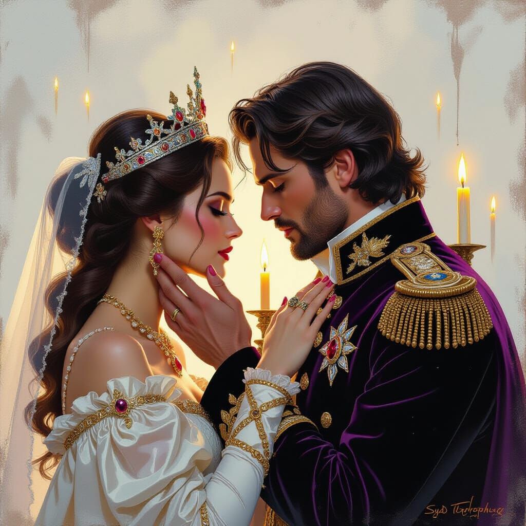 Queen Cups King's Face in Cold Candlelight, Airbrushed Acryl...