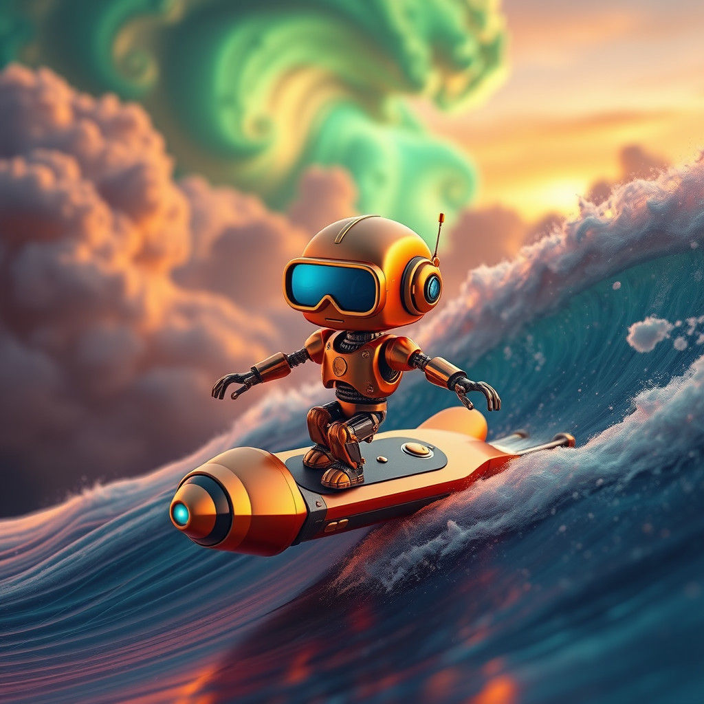 Robot Surfer on Rocket Surfboard in Dreamlike Realm