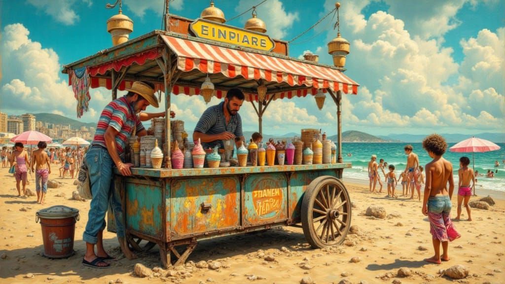 Italian Ice Cream Cart on Sunny Beach as Surreal Collage