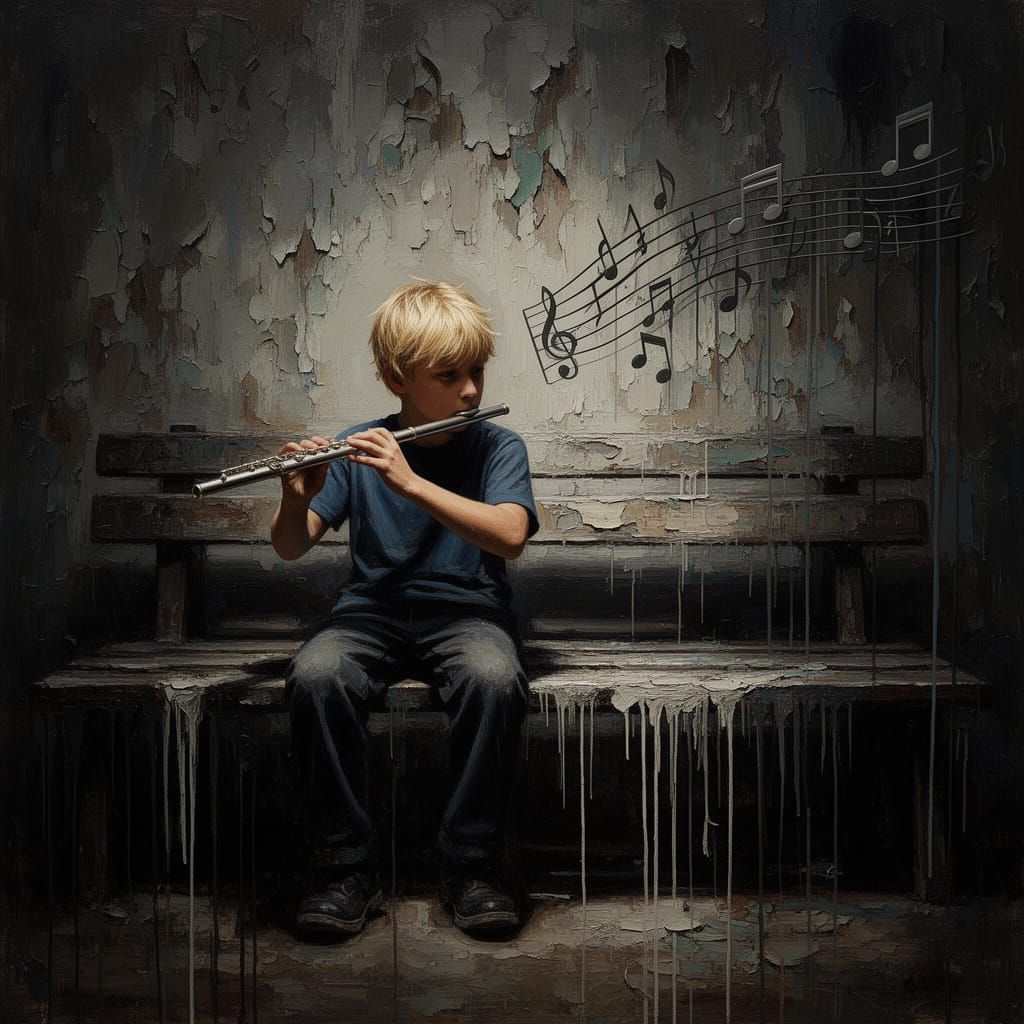 Blond Boy Plays Flute Amidst Peeling Paint