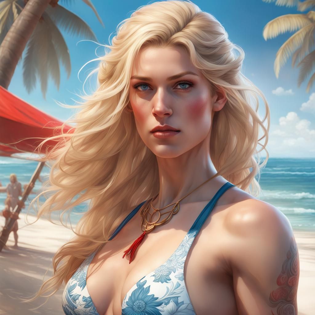 Viking and Woman on Tropical Beach, Splash Art