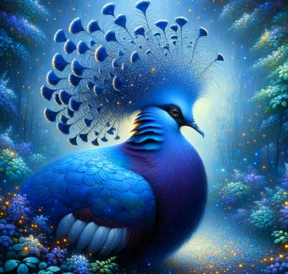 Regal Crowned Pigeon Oil Painting in Lush Garden