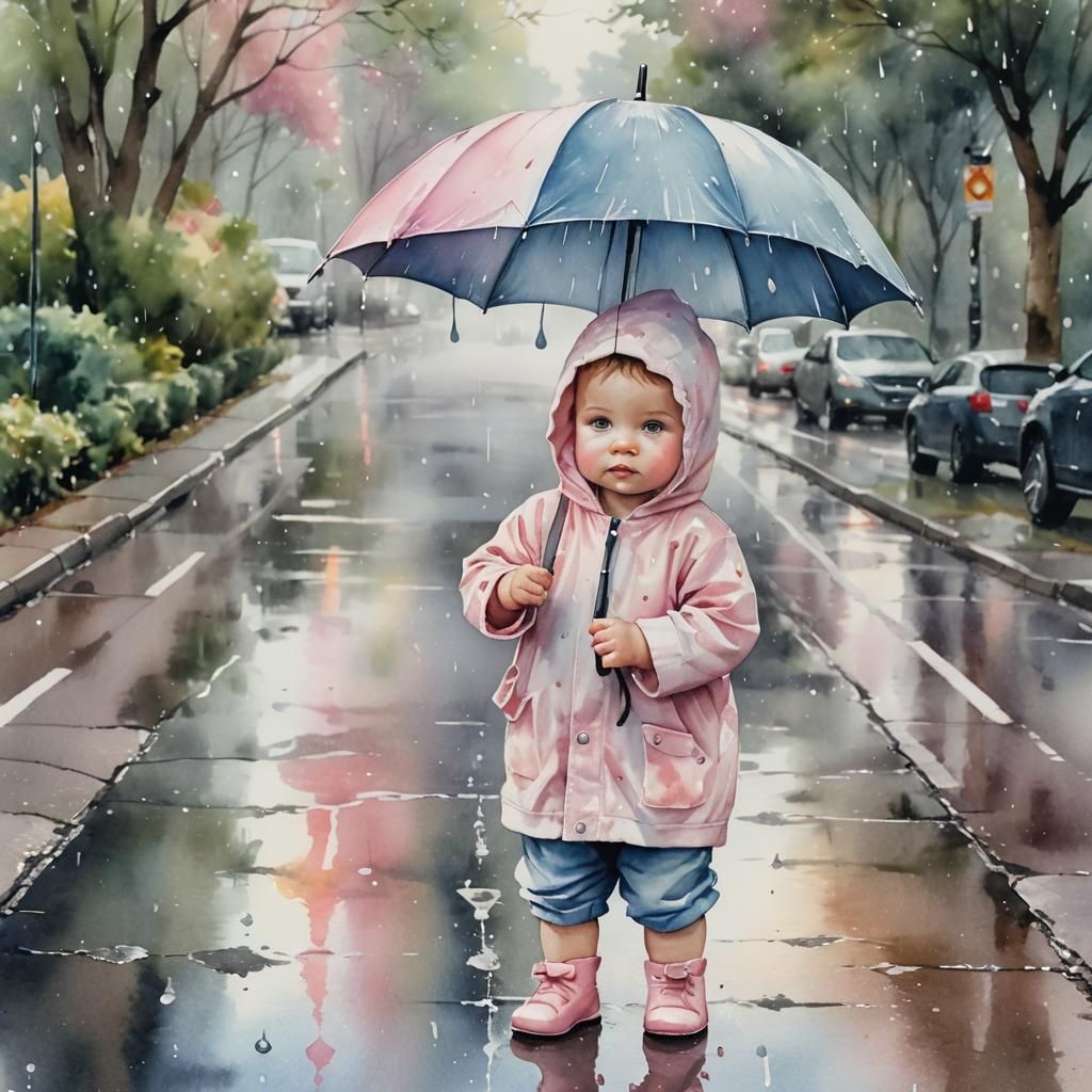 Cute Baby with Umbrella in Soft Watercolor Rain