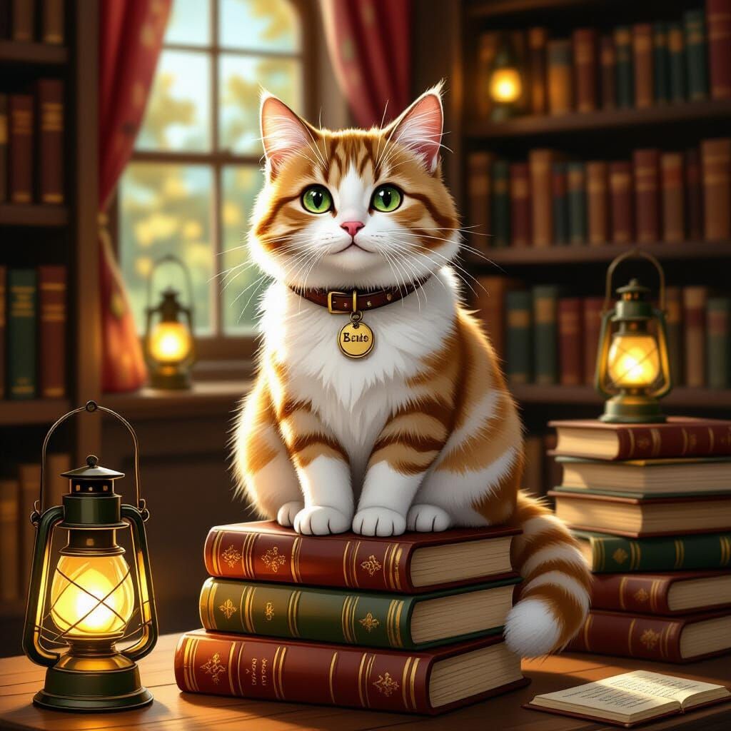 Library Cat in the Style of Beatrix Potter