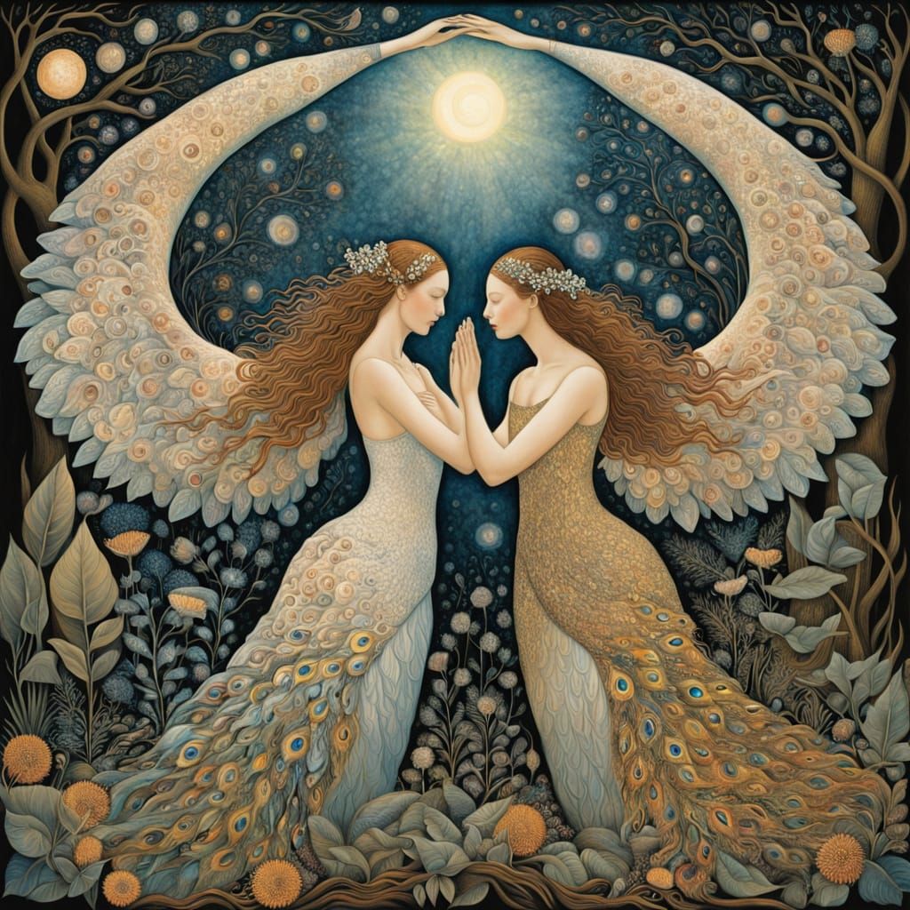 Surreal Goddesses with Iridescent Swan Wings Rise Up in Gold...