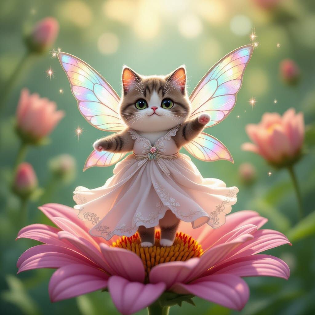 Pusheen as Flower Fairy in Digital Art Style