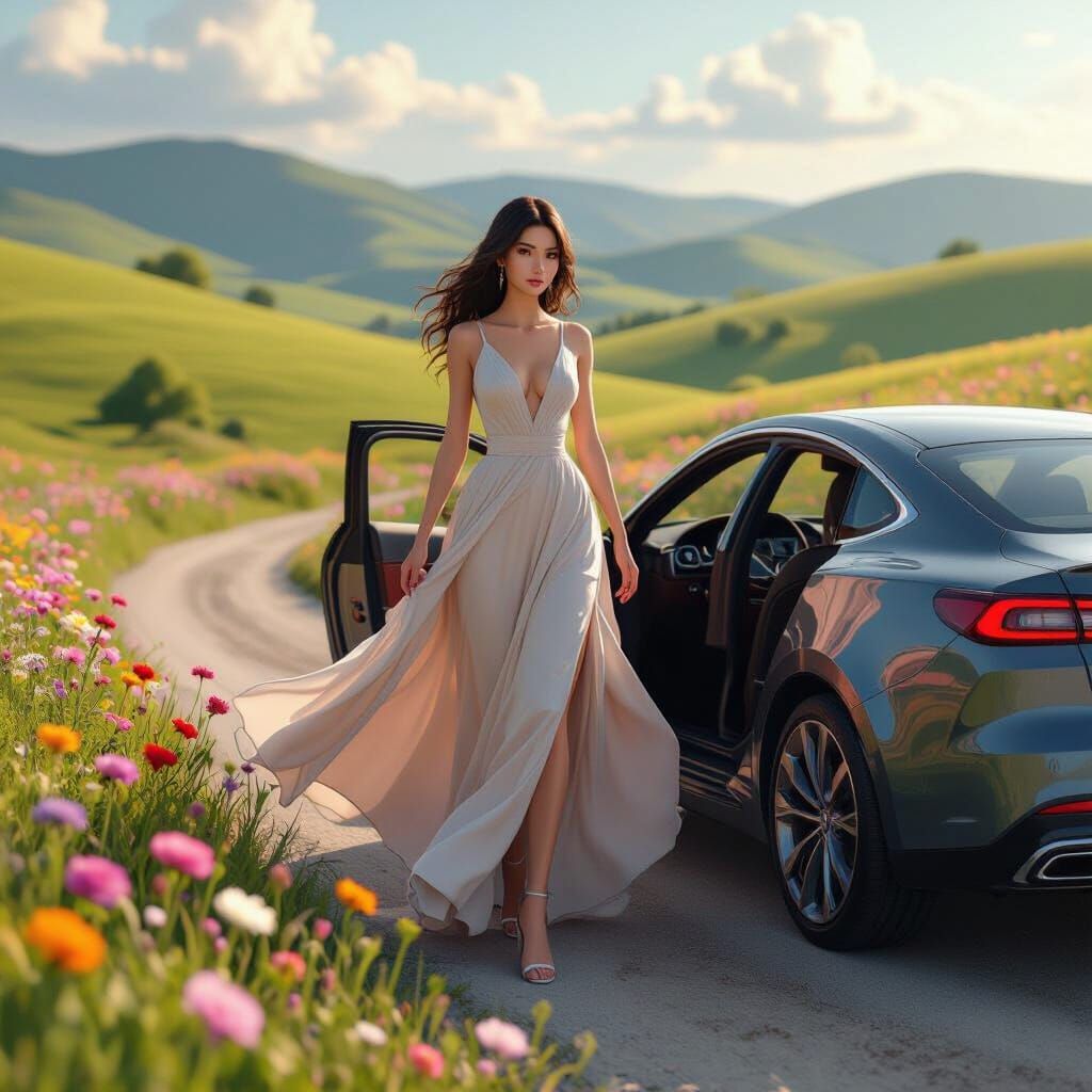 Elegant Lady Steps From Car Amidst Blooming Flowers