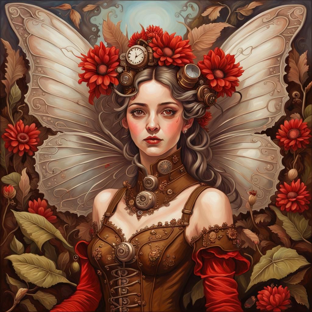 Steampunk Fairy in Rococo Dress: Detailed Oil Painting