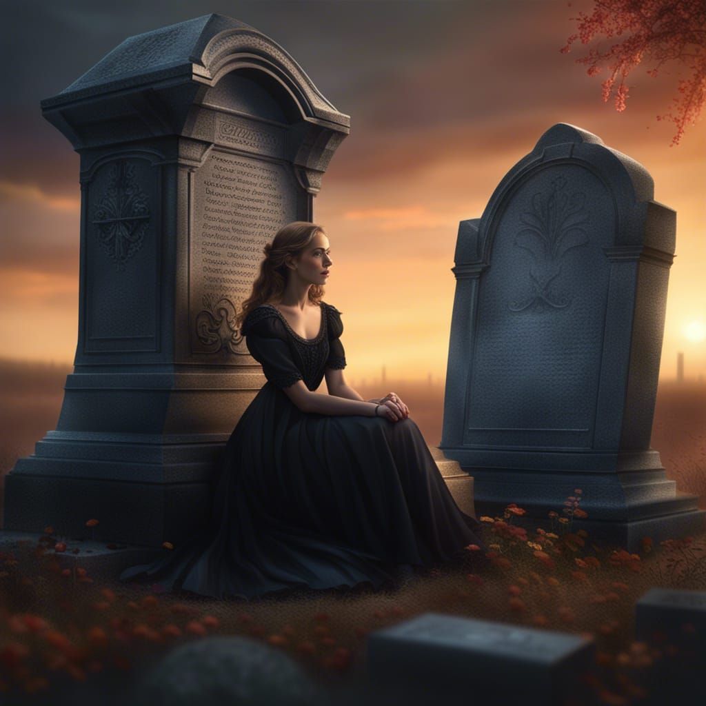 Woman in Black Dress at Grave, Photorealistic Style