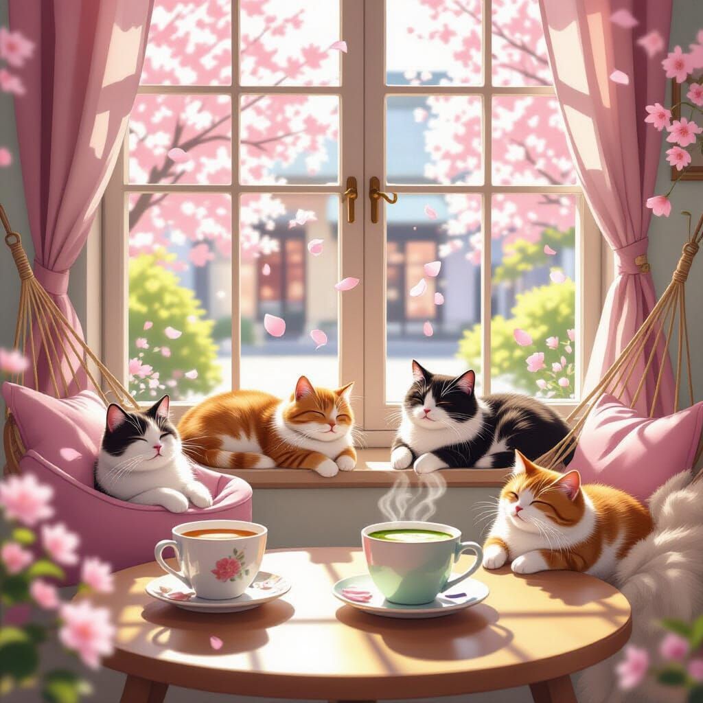 Cozy Cat Cafe with Cherry Blossoms