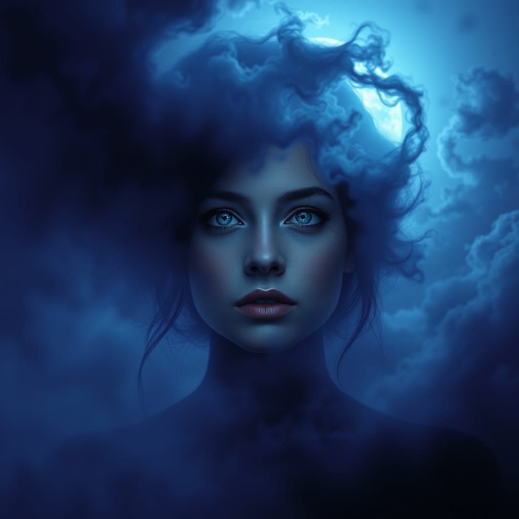 A Woman Surrounded by a Turbulent Blue Aura in a Dramatic Di...