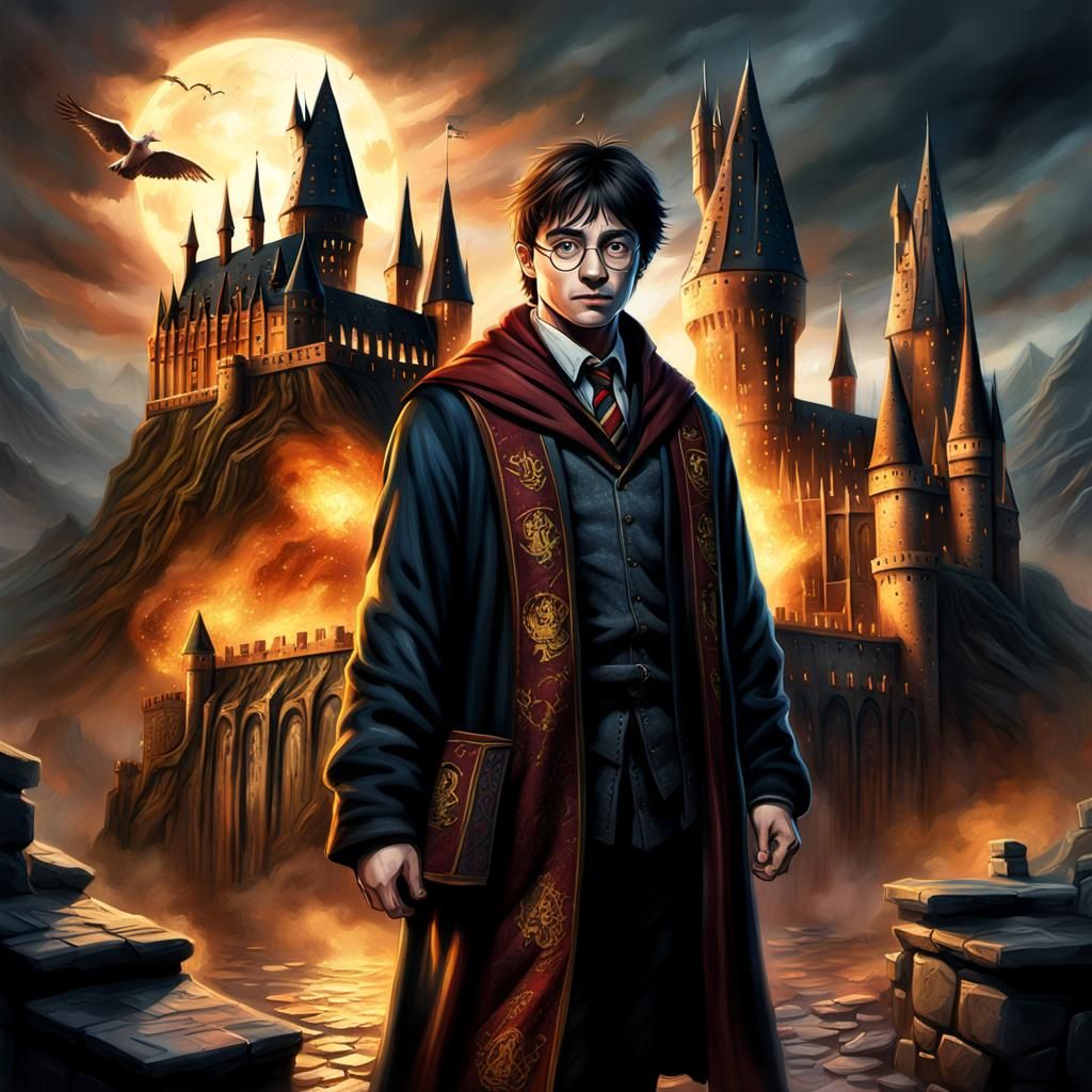 Harry Potter at Hogwarts in Dark Fantasy Style