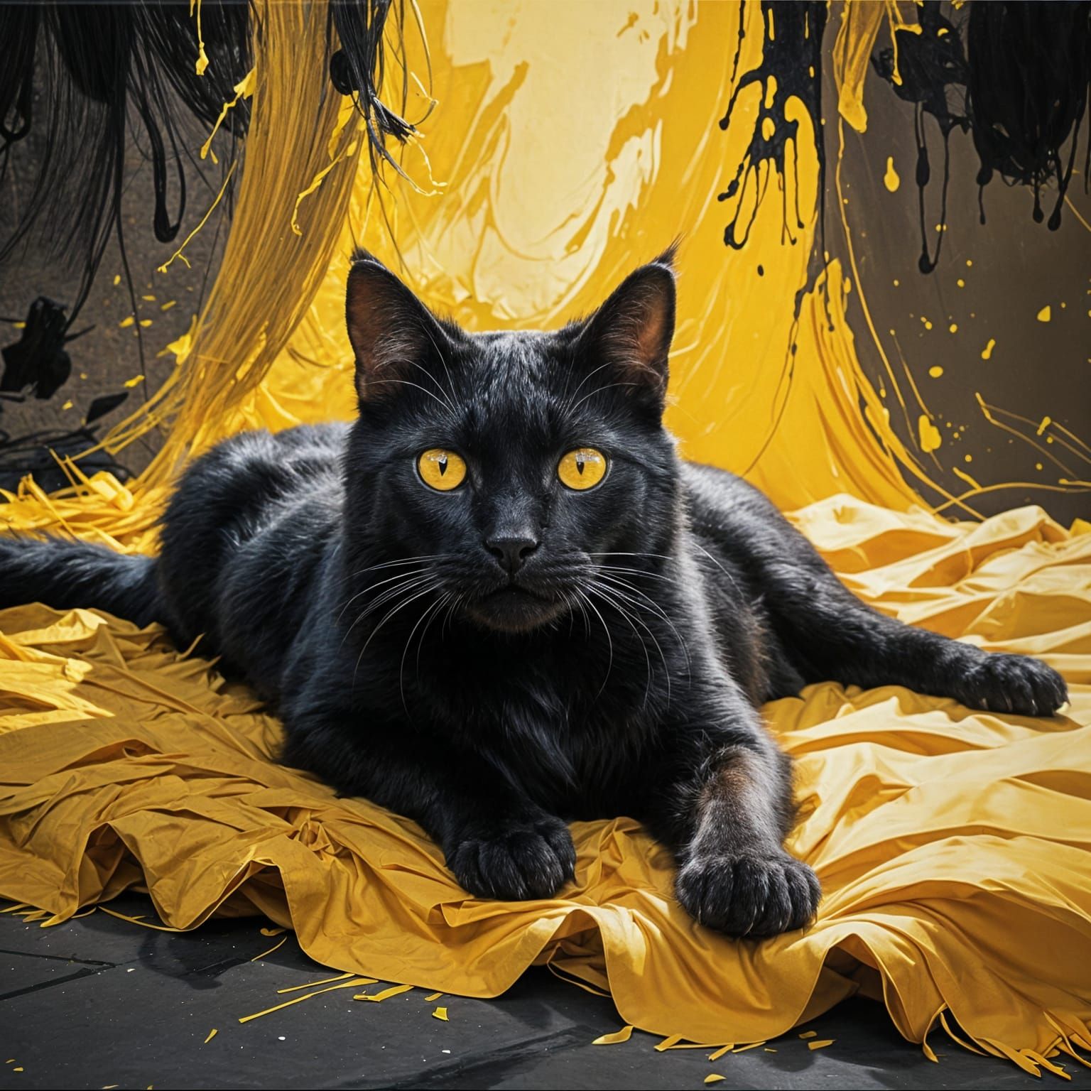 Black and Yellow Abstract Cat Illustration