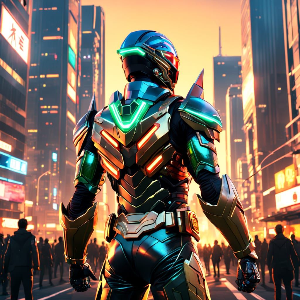 Kamen Rider in a Neon Cityscape, Digital Art