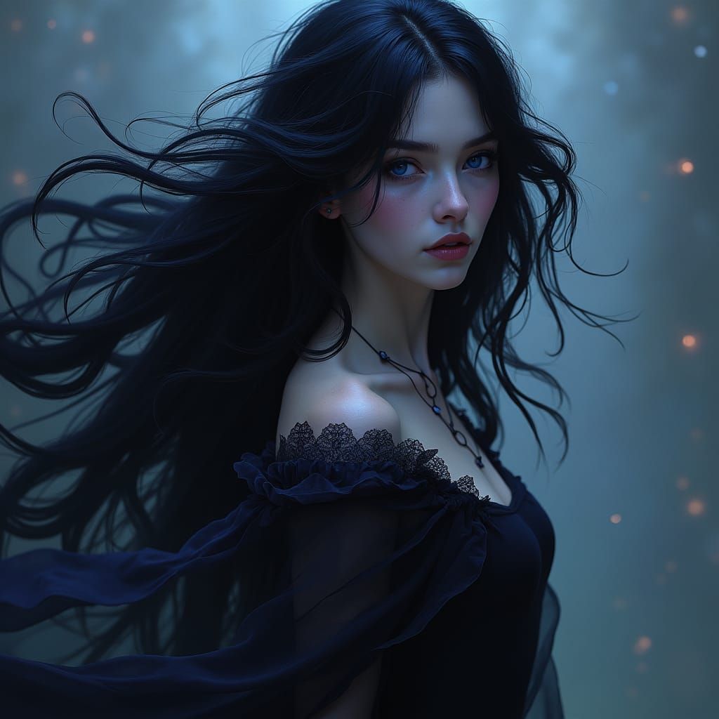 Enchanting Sorceress with Raven Hair and Amethyst Eyes