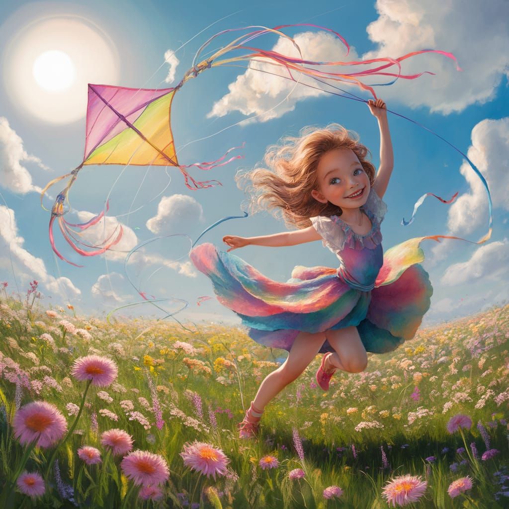 Girl Flying Kite in Flower Field Under Sunny Sky