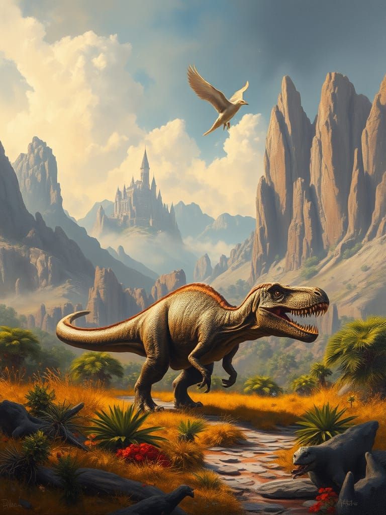 A mysterious, dynamic image of a dinosaur in mysterious losr...