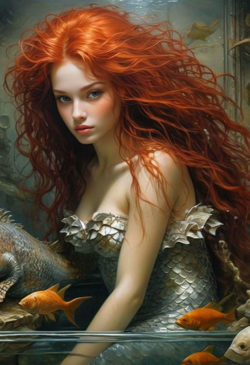 Seductive Mermaid Perched Upon Gilded Treasure Chest Under t...