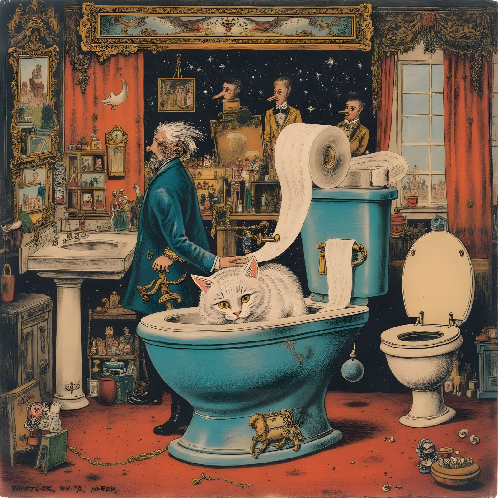 Cat in Ornate Bathroom: Surreal Vintage Painting