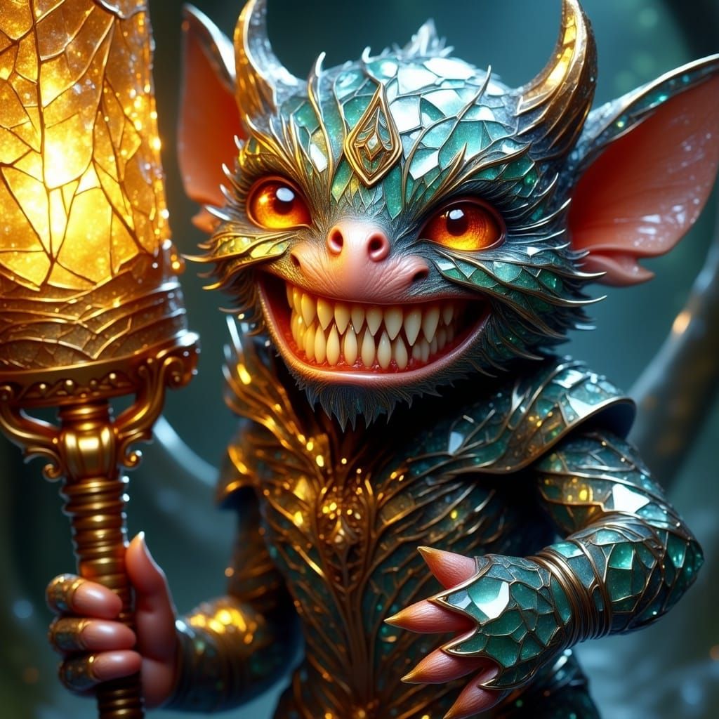 Fierce Goblin with Golden Club in Broken Glass Style