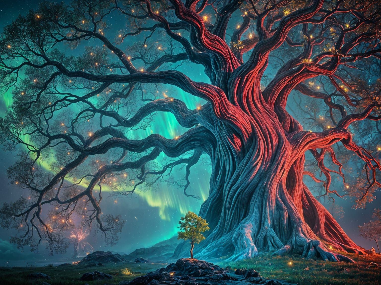 Enchanted Tree Realm in Neon Hues, a Cosmic Fantasy