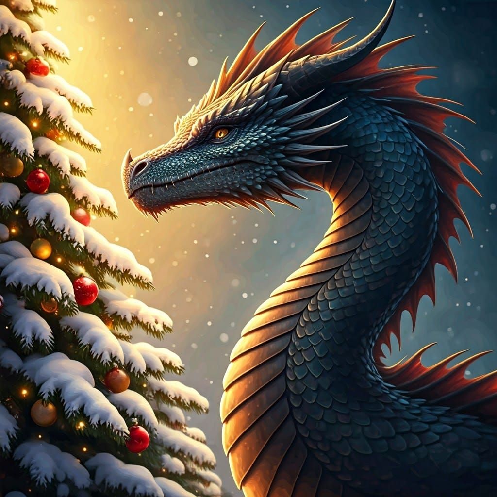 Majestic Christmas Dragon in Radiant Winter Scene