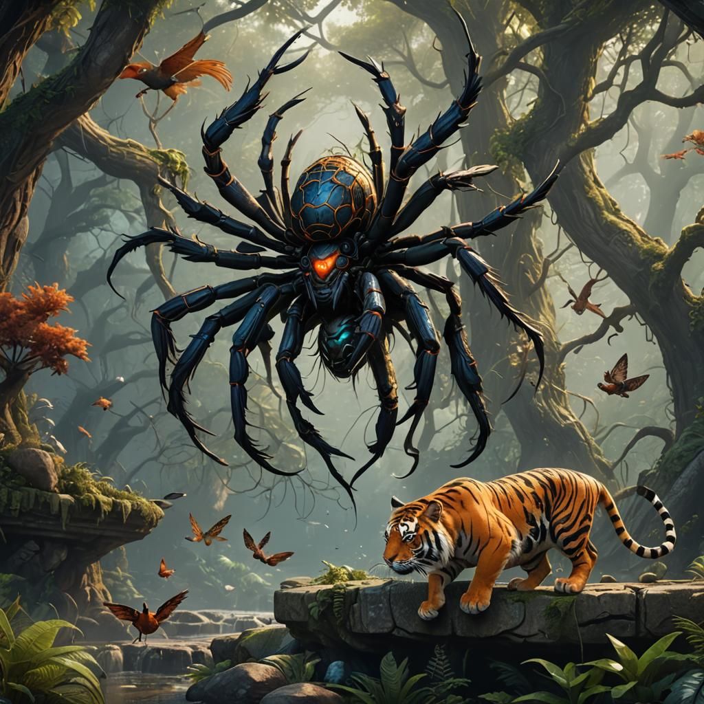 Hybrid Spider-Bird-Tiger: Detailed Matte Painting