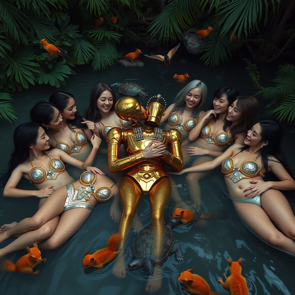 Wild Women in Lush Jungle Oasis with Golden Robot