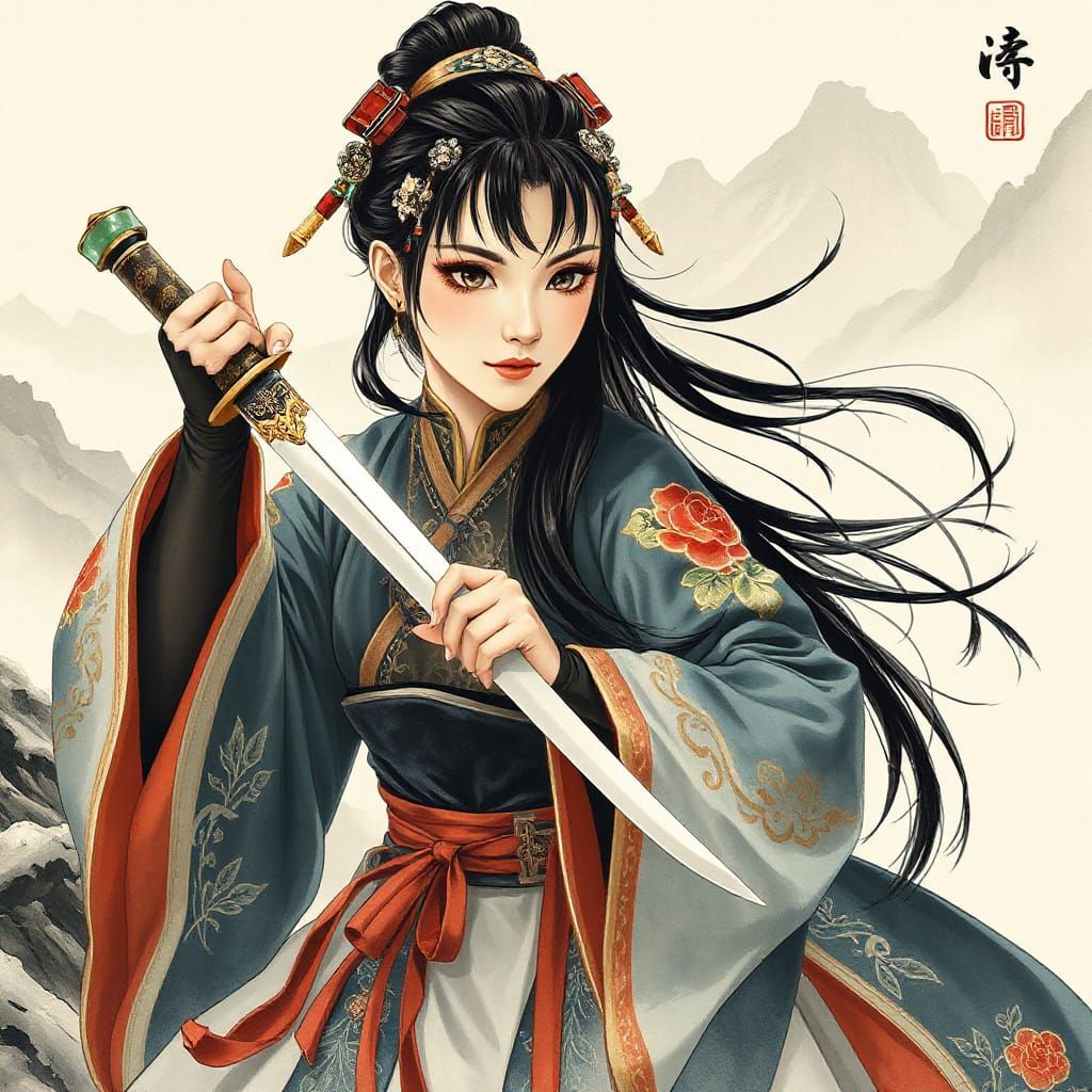 Female Assassin in Hanfu, Ink Wash Painting