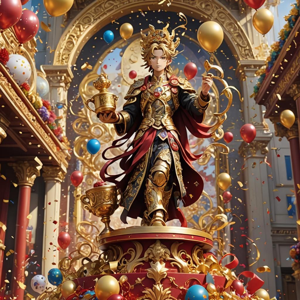 Anime Champion on Golden Podium with Gleaming Cup