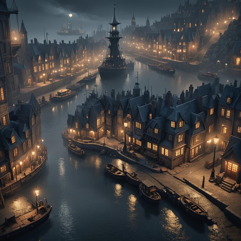 Victorian Harbour at Night: Detailed Matte Painting