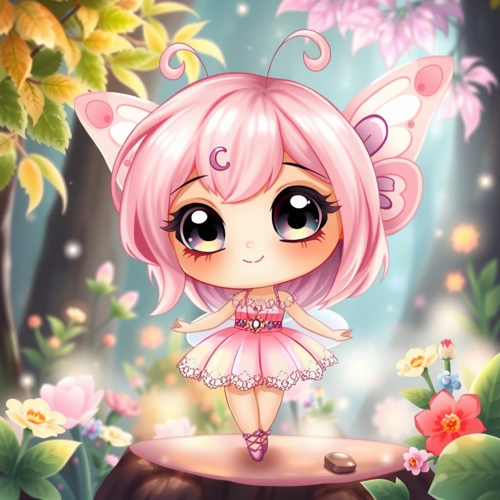 Charming Kawaii Fairy in Enchanted Forest Scene
