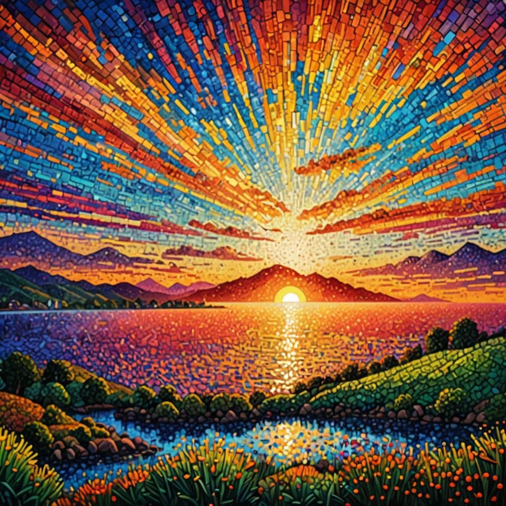 Vibrant Pointillist Sunset with Depth of Field