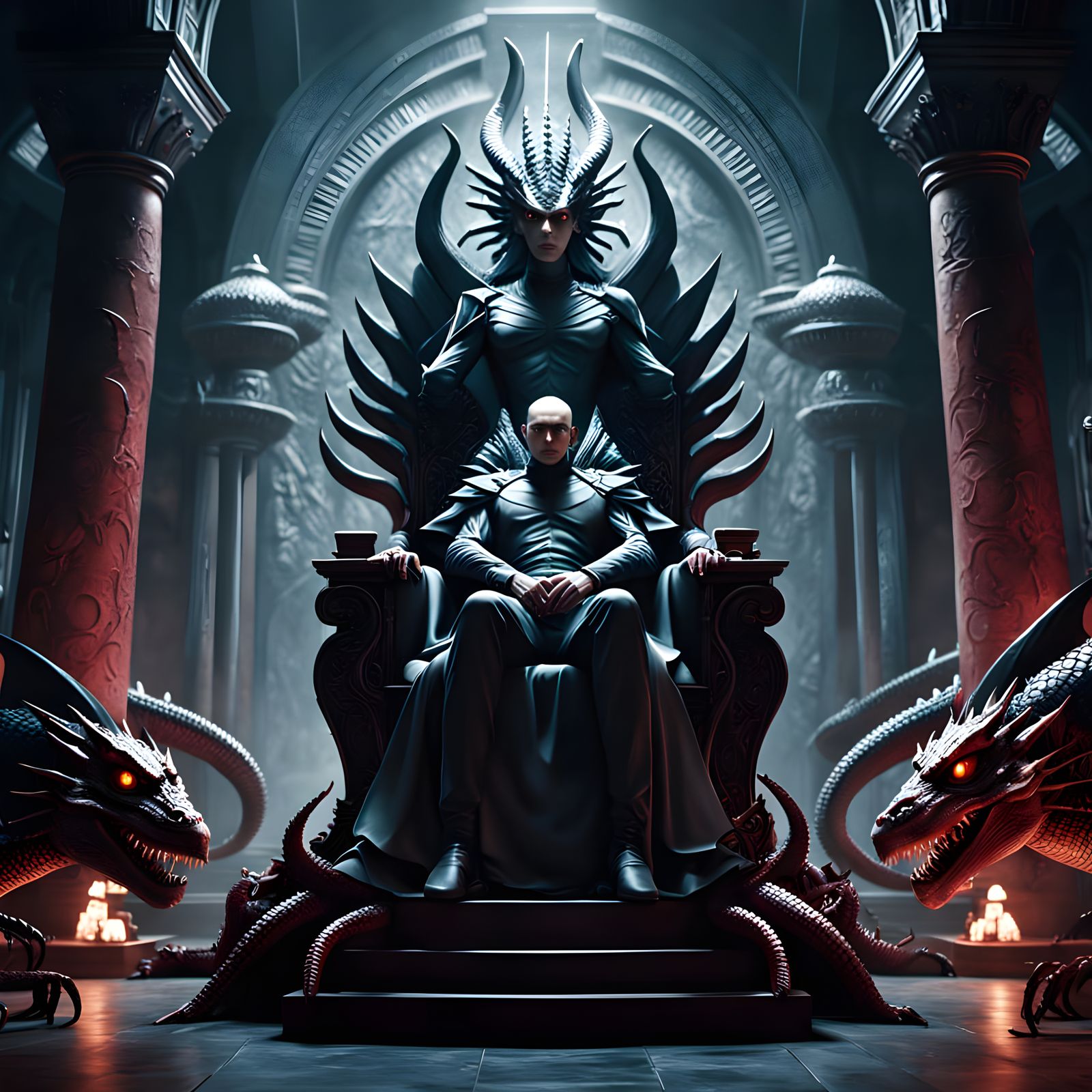 Reptilian Overlord in Dark Fantasy Throne Room