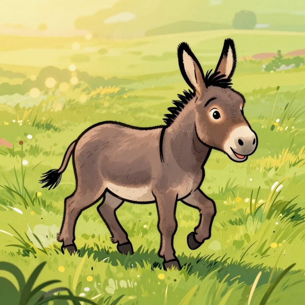 Joyful Donkey Trotting in Vibrant Meadow, Graphic Style