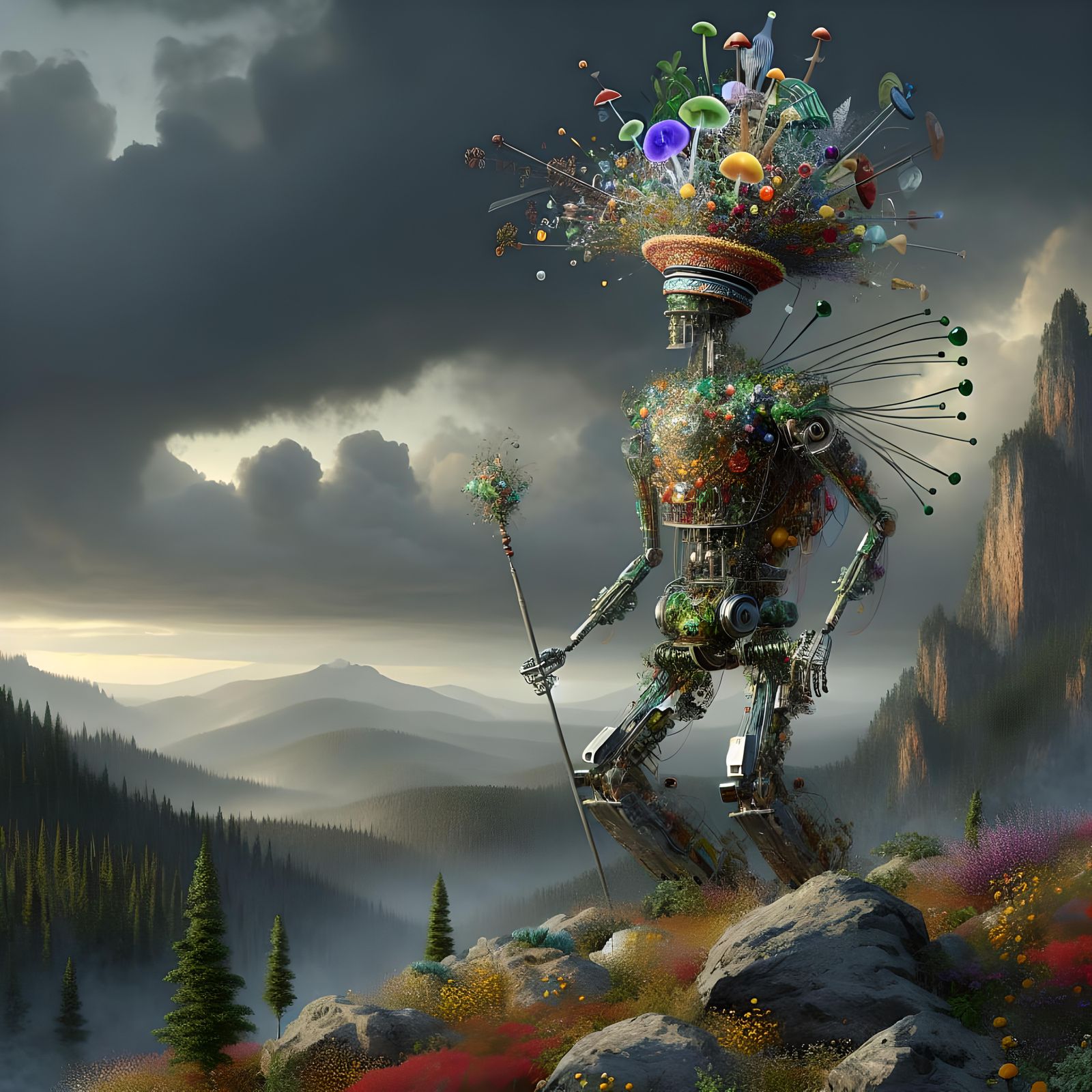 Photorealistic Robot on Mountain with Mushroom Rain