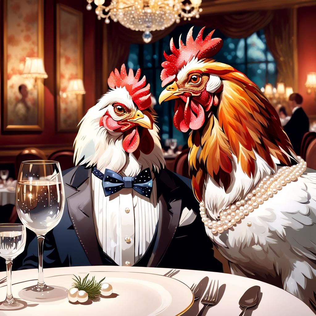 Rooster and Hen Dine in Impressionist Style