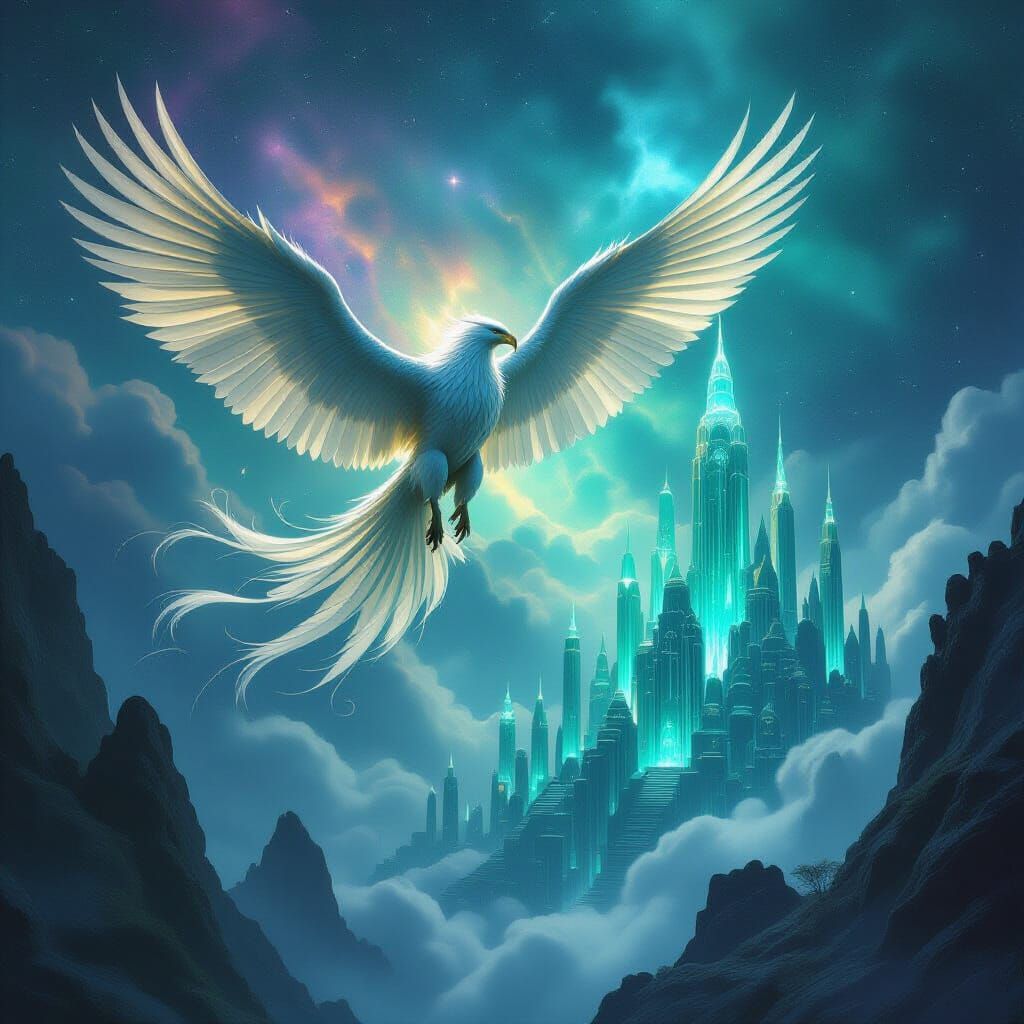 Majestic Griffin Over Bioluminescent Alien City in Fantasy A...