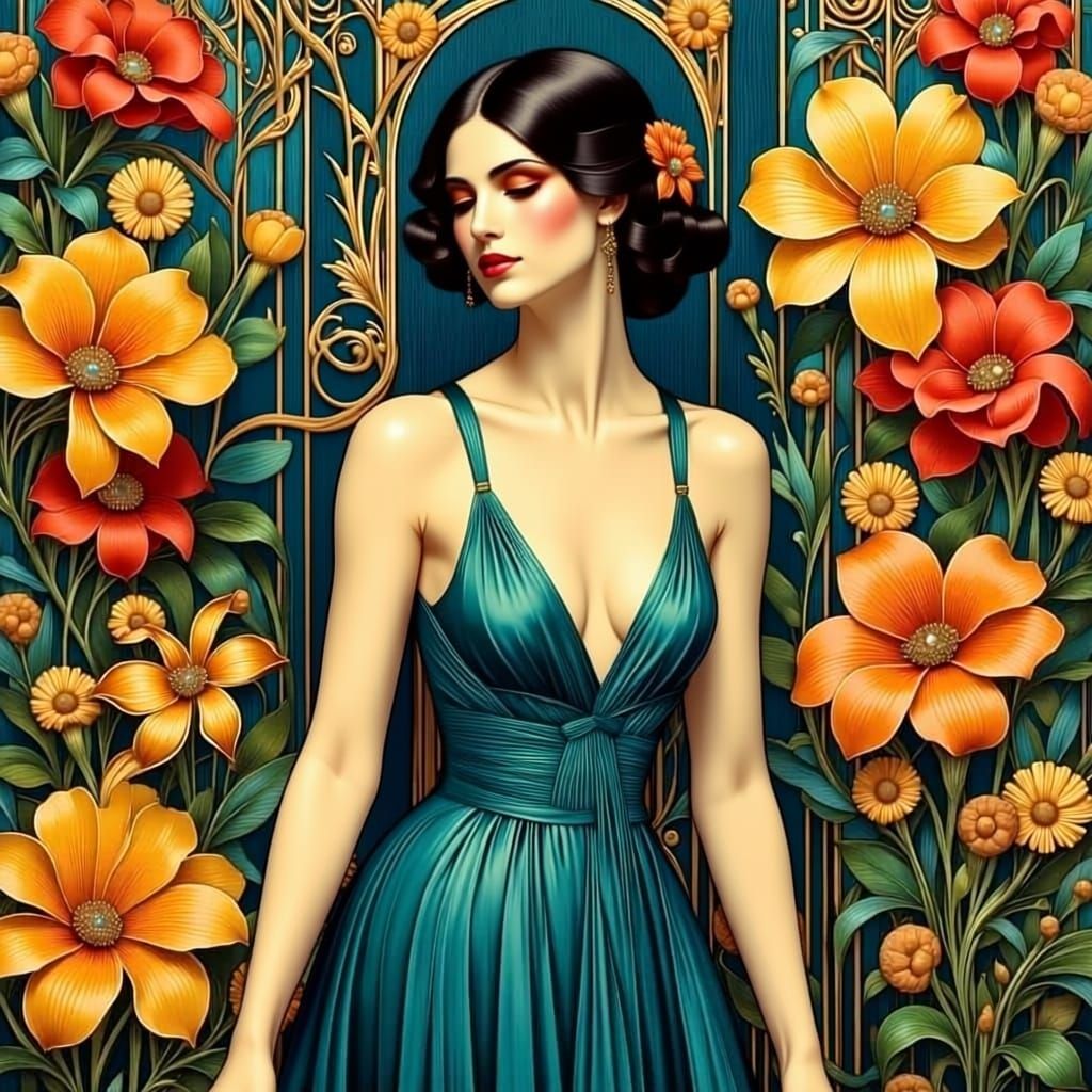 Elegant Woman in Art Nouveau Floral Tapestry