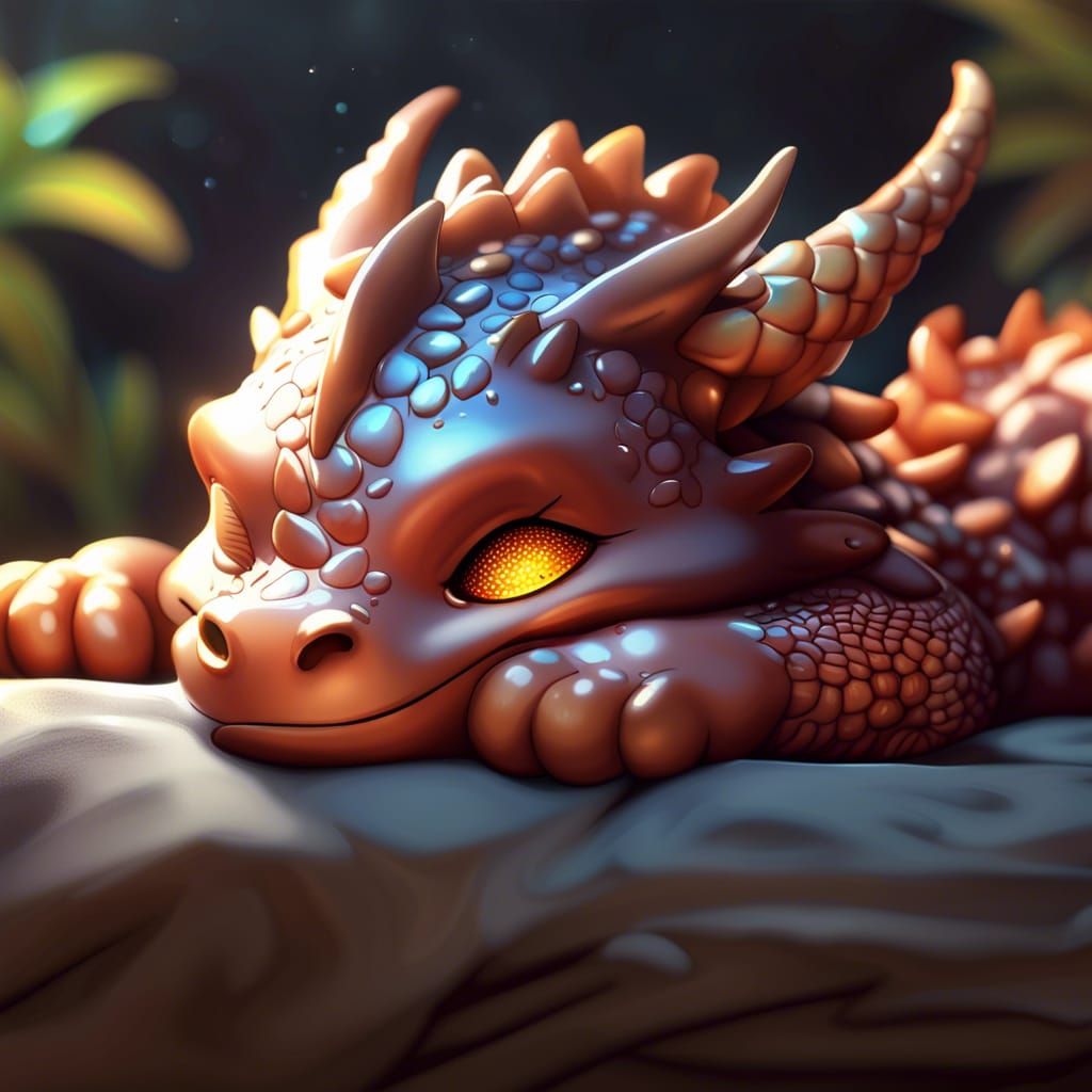 Adorable Chibi Dragon Sleeping in Anime CGI Style