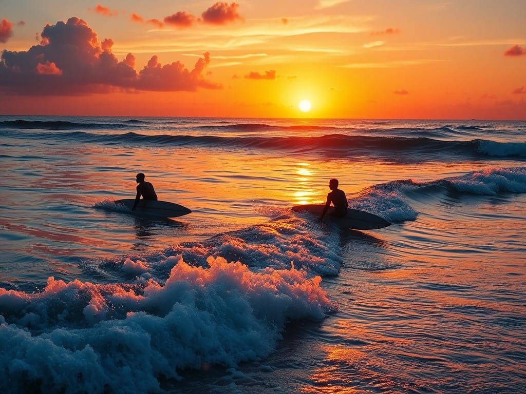 Calm Sunset Surfers in Vibrant Ocean Scene